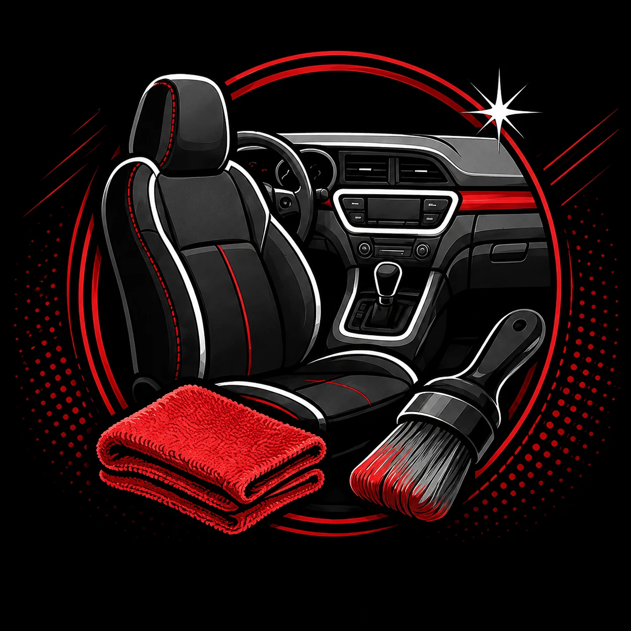 Vehicle interior with a detailing brush and microfiber towels artwork